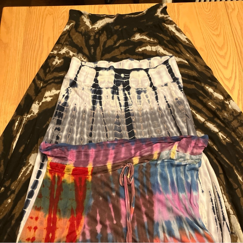 3 boho/hippie style multicolored tie dyed long skirts women’s size medium
